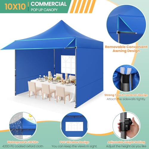 COBIZI 10x10 Pop up Heavy Duty Canopy Tent, Commercial Instant Canopies with Sturdy Awning, Outdoor Canopies for Market, Event, Blue - color: Blue, size: 10x10FT with 3 Sidewalls & 1 Awning Cloth