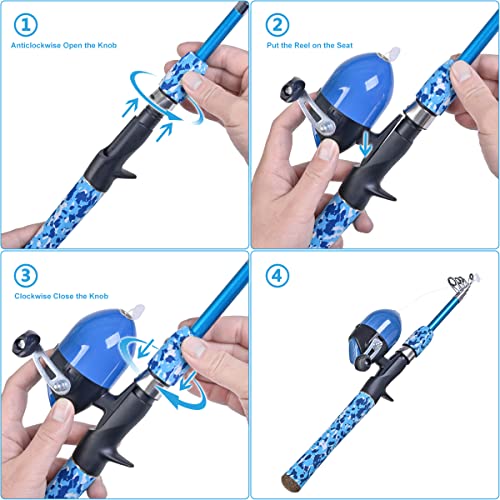 CODEK Kids Fishing Pole Set with Full Starter Kits 2 Set Portable Telescopic Fishing Rod and Spincast Reel Cambos with a Fishing Net and 2 Buckets for Boys Girls and Youth - color: Blue-