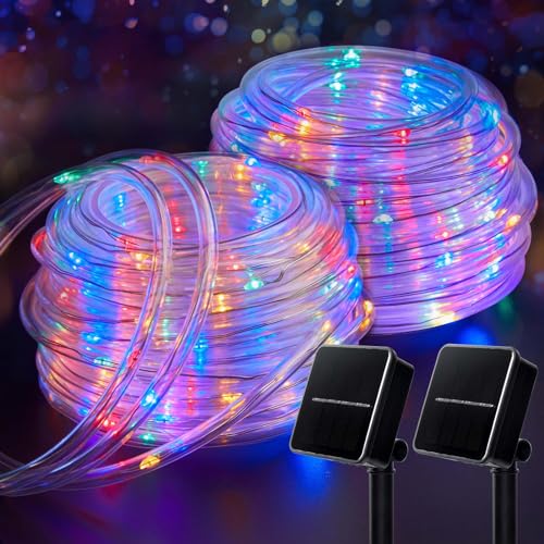 Brightown Solar Rope Lights, 2-Pack 39FT 100LED IP65 Waterproof Solar Outdoor Lights, Solar Powered Fairy Lights with 8 Lighting Modes for Party Garden Yard Home Holiday Tree Decoration, Multicolor - color: Multicolor, size: 100 LED 2PACK