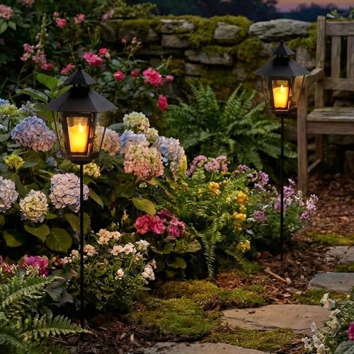 TRIROCKS 2 Pack Outdoor Landscape Lanterns 32'' H Decorative Candle Holders Metal Pathway Candle Lantern with 24''H Removable Plug-in Rod & Tempered Glass for Lawn Yard Patio Driveway Cemetery(Black)