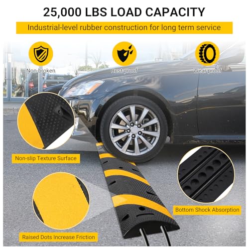 6Ft 2 Packs Recycled Rubber Speed Bump, 25000 Lbs Capacity Heavy Duty Traffic Calming Hump, 2 Channel Modular Cable Protector Ramps for Asphalt Concrete Gravel Driveway Road - size: 6ft