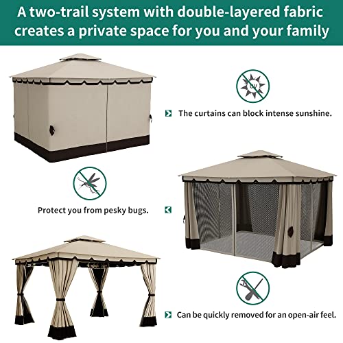 YITAHOME 10x12FT Patio Gazebo Event Shelters Outdoor Double Roof Canopy Gazebo w/Netting & Curtains, Soft Fabric Top Garden Winds Tent with Steel Frame Privacy Screens for Backyard, Garden, Lawn