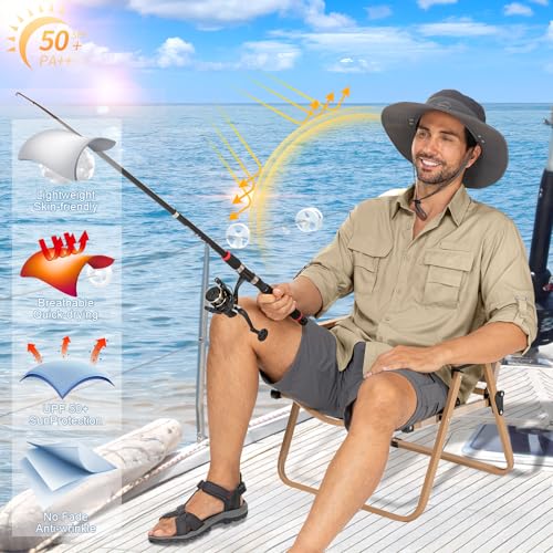 Mens Safari Shirts Long Sleeve UV Protection Hiking Fishing UPF 50+ Quick Dry Camping Travel Shirts - color: Khaki, size: Large