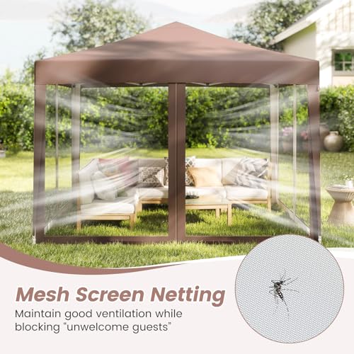 Tangkula 10x10 Ft Pop Up Canopy with Netting, Easy Up Outdoor Tent with Mesh Sidewalls, Carrying Bag, Adjustable Height, Portable Canopy Tent for Parties Events Camping Travel - color: Brown
