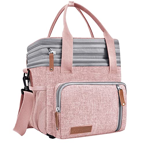 MOV COMPRA Lunch Bag for Women Men, Expandable Large Adult Insulated Lunch Box for Work, Leakproof Double Deck Lunch Box Cooler Tote Bag with Removable Shoulder Strap (PINK) - color: Pink