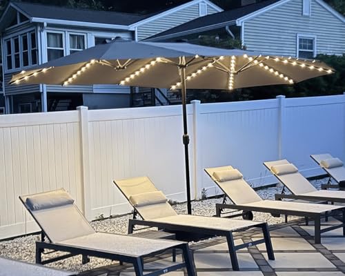 PURPLE LEAF 14ft Patio Market Umbrella with Solar LED and Base Double-Sided Rectangle Outdoor Table Sun Umbrellas with Crank for Pool Beach Deck Backyard Taupe - color: Taupe, size: 14' X 8' with Lights