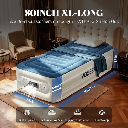 VOSSER Twin Air Mattress with Built-in Pump,Fast & Easy Inflation/Deflation Inflatable Mattress, Foldable Blow Up Mattress with Storage Bag, Inflatable Bed for Home, Camping & Guests - color: Blue, size: Twinxl 18''(comfort Height)