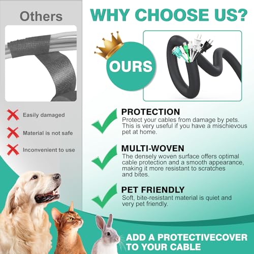 UOMTFAI Dog and Cat Cord Protector 10ft - 3/8inch, Flexible Cable Sleeve for Easy Cord Management, Protects Cables from Pets Chewing, Ideal for USB, Power, Audio and Video Cords - Black - color: Black, size: 3/8"-10ft
