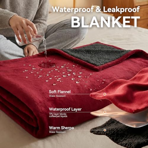 Waterproof Blanket for Bed - Blanket with Waterproof & Stain Proof, Splash Resistant, Machine-Washable Flannel is Soft and Comfortable, Suitable for Bed/Sofa (60"x80", Wine red/Black) - color: Wine Red/Black, size: 60''x80''