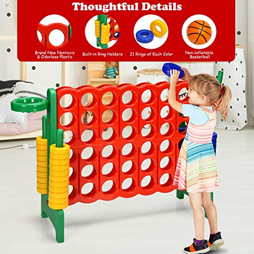 Costzon Giant 4-in-A-Row, Jumbo 4-to-Score Giant Game w/Basketball Hoop, Ring Toss, Quick-Release Slider, 42 Jumbo Rings, Indoor Outdoor Family Connect Game for Kids & Adults, Backyard Games, Green - color: Red/Green