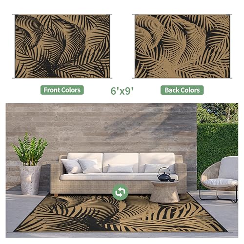 GENIMO Outdoor Rug 6' x 9' Waterproof for Patio Clearance, Reversible Plastic Straw Camping Carpet, Lightweight Mats for Rv, Backyard, Deck, Porch, Picnic, Beach, Balcony, Black & Brown - color: A.black & Brown, size: 6' x 9' (Rectangular)