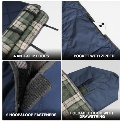 DUKUSEEK Large Outdoor Blanket, Camping Blankets for Cold Weather, Waterproof Windproof Hooded Stadium Blanket 79"x59" Quilted with Extra Thick Fleece, Great for Camping, Picnic, Beach, Car, Dogs - color: Navy Blue Outer With Blue Plaid Fleece