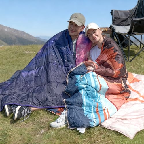 SUNNYFEEL Warm Camping Blanket, Packable Printed Blanket for Cold Weather, Waterproof Outdoor Blanket with Snap Buttons, Wearable Shawl for Camping, Hiking, Stadium, Picnic (55"x79") - color: Mountains