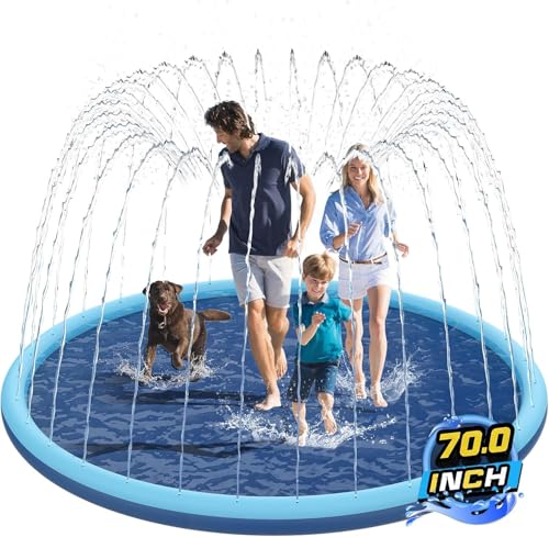 Non-Slip Splash Pad for Kids and Dog, 70" Extra Large Baby Play Mat, Dog Pool Toys, Thicken Sprinkler Pool Summer Outdoor Water Toys for Ages 3-12 Boys Girls, Parent-Kids &Games Fun Backyard (Blue) - size: 70in