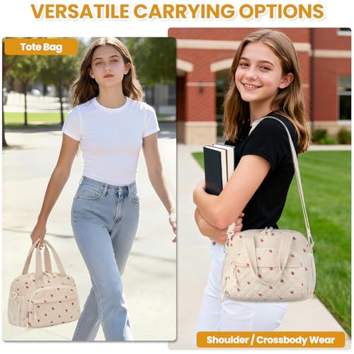 ELONGRIVER Corduroy Insulated Lunch Bag for Women Teen Girls, Portable Adult Lunch Box, Reusable Tote Cooler Bags, Lightweight Womens Lunch Bags with Front Pockets Work Picnic Travel, Beige Strawberry - color: Beige Strawberry
