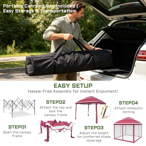 11'X11' Gazebo Pop Up with 4 Sidewalls Mosquito Netting, Heavy Duty Patio Gazebo Canopy Tent with Double Air Roofs for Backyards, Patios, Decks, Gardens, Parks - color: Pink Top