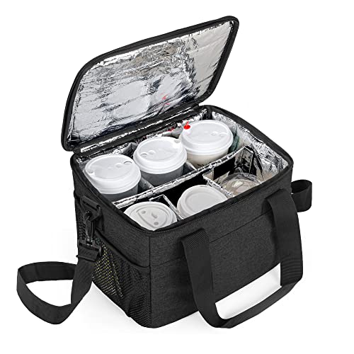Trunab Reusable 6 Cups Drink Carrier for Delivery Insulated Drink Caddy with Handle and Shoulder Strap, Adjustable Dividers, Beverages Carrier Tote Bag, for Daily Life Takeout, Outdoors, Travel - color: Black, size: 6-Cups
