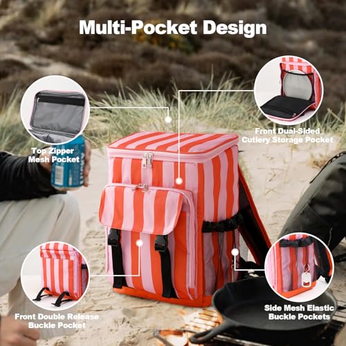 DYSHAYEN Cooler Backpack,Lightweight Backpack Cooler Insulated Leak Proof,30 Cans Soft Cooler Bag for Beach,Camping,Beach,Picnic,Lunch - color: Orange and Pink Stripe