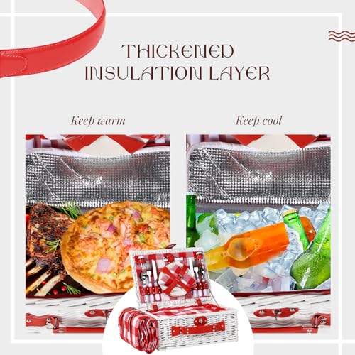 Picnic Baskets Wicker Willow Picnic Set for 4 Persons with Insulated Cooler Bag and Waterproof White Red Picnic Blanket Gift for Christmas Thanksgiving Wedding Birthday Camp Outdoor Beach Travel - color: White & Red