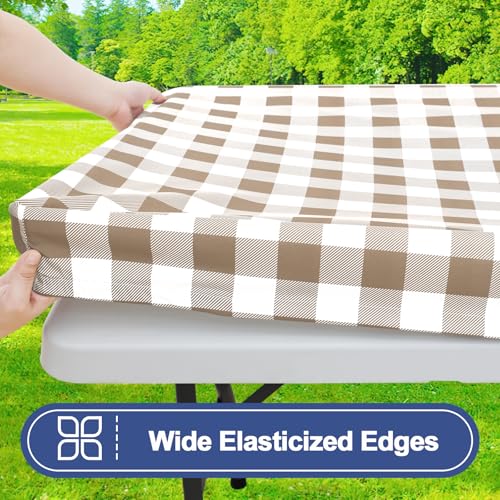 Smiry Picnic Table Cloth 2 Pack, Waterproof Elastic Fitted Tablecloths for 24x48 Rectangle Tables, Washable Polyester Buffalo Plaid Tablecloth for Camping, Dining & Outdoor (Khaki & White, 24" x 48") - color: Khaki and White, size: 24" x 48"