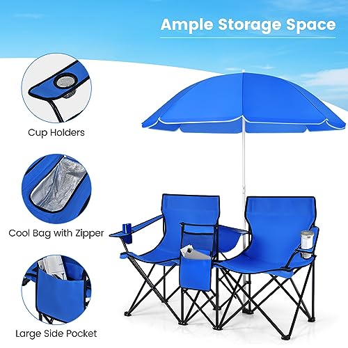 Double Camping Chair, 2-Person Portable Beach Chair w/Removable Umbrella, Cup Holders & Carrying Bag, Folding Loveseat Chairs for Adults Outdoor Picnic (Blue) - color: Blue