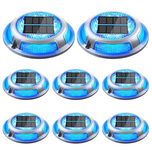 Solar Driveway Lights, 8 Pack Heavy Duty Driveway Lights Solar Powered 2 Color Mode (Cool White/Blue) IP68 Waterproof Outdoor Solar Deck Lights with Ground Stake for Pathway Garden Yard Walkway Dock - color: Cool White & Blue, size: 8 Pack