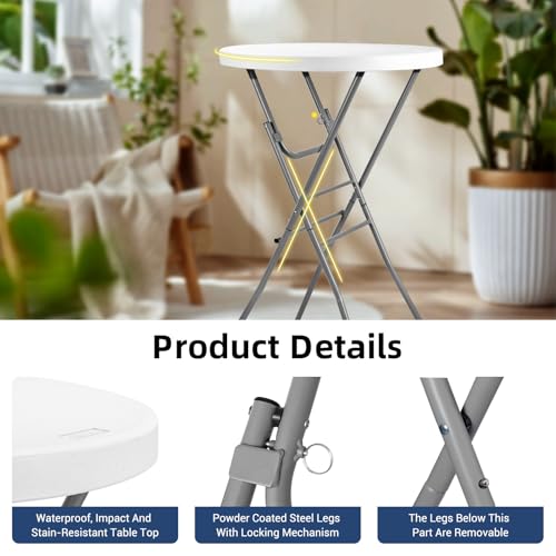 Byliable 28in Cocktail Table White High Top Folding, Round Portable Bar Height Folding Table with Removable Legs, Indoor Outdoor Banquet for Parties, Commercial, Speech, School - color: White, size: 28×43 in