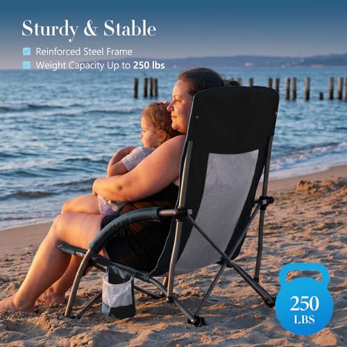 DUMOS Low Camping Beach Chair, Lightweight Folding Portable Beach Chair with Cup Holder, Storage Pocket, Breeze Mesh Back, Padded Armrests, Low Profile Chair for Camp, Picnic, Lawn, Sand, Black - color: Black, size: 25.79*22.24*27.36inch