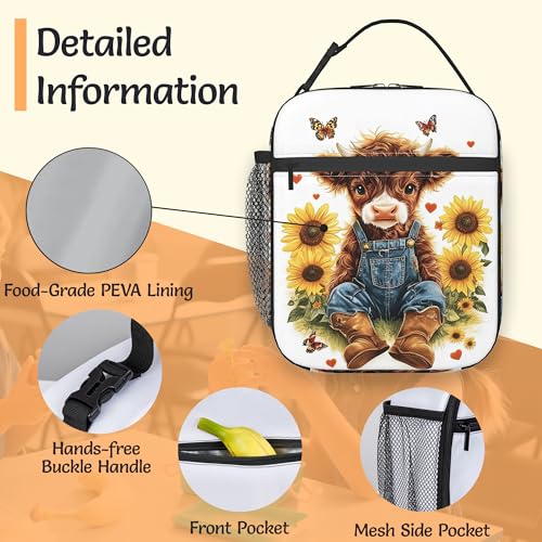 Insulated Lunch Bag,Cute Highland Cow Durable Lightweight Lunch Box for Kids,Rustic Sunflower Portable Thermal Picnic Cool Bags Girls Boys School Daycare,Work,Camping - color: Cute Highland Cow