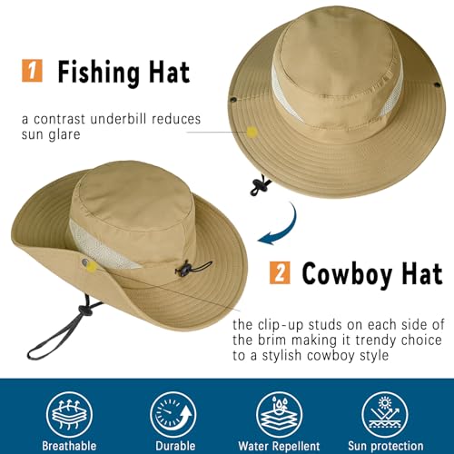 ZOORON Sun Hats for Men Women, Wide Brim Safari Hats UV Protection UPF50+ Waterproof Boonie Hats for Fishing Hiking Camping - color: 2pack-khaki+gray