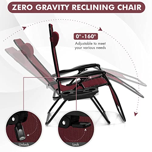 Giantex Zero Gravity Reclining Chair, Outdoor Patio Recliner with Cup Holder & Removable Pillow, Adjustable Backrest, Indoor Lounge Chair for Backyard, Garden, Poolside (Burgundy) - color: Burgundy, size: 1 Count (Pack of 1)
