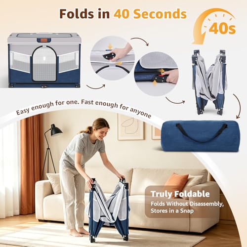 LOOBANI Foldable Dog Playpen for Small Dogs–Sturdy Puppy Playpen Indoor Outdoor with Full-Zip Washable Fabric Enclosure, 690D Waterproof Oxford Fabric, Portable Pet Crate with Carry Bag,32''x24''x22'' - color: Blue-Gray