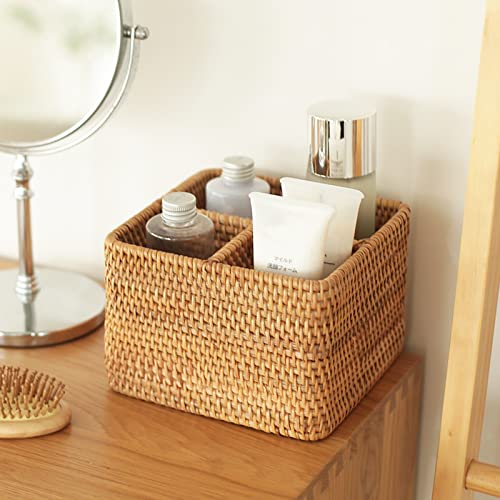 i-lan Natural Rattan 4 Compartments Cooking Utensil Silverware Organizer Holder Cosmetics Storage Box Cutlery Caddy Flatware Serving Basket (180mm 4-Compartment Box) - size: 7"(square 4-section)