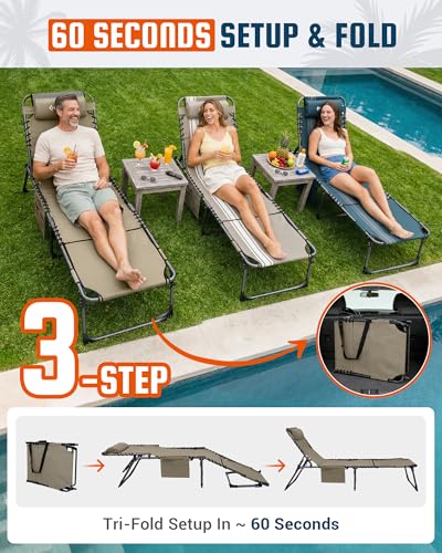 KingCamp Tanning Chair with Face Hole, Lounge Chairs Outdoor Folding Comfy Adjustable 5-Position Lay Flat Foldable Chaise Chaser Lounger for Outside Beach Patio Sun Bathing Pool, Beige - color: B*sunbask Face Hole——beige Face Hole, style: 400lbs&Pinch-Pro