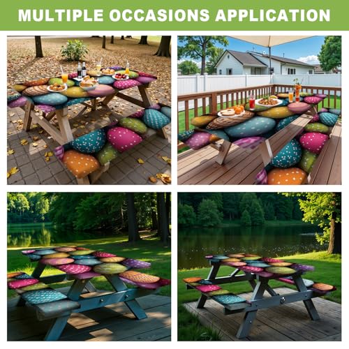 ANNA QUEEN Easter Holiday 6FT Picnic Table Cover with Bench Covers Set of 3 with Drawstring Bag, Colorful Easter Eggs 72"x30" Waterproof Fitted Picnic Tablecloth & Bench Covers for Outdoor Dining - color: #58