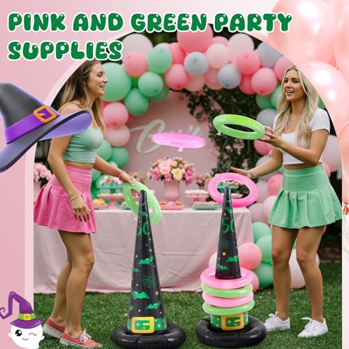 Leitee 10 Pcs Inflatable Witch Hat Ring Toss Game Set Carnival Pink and Green Inflatable Ring Toss for Witch Themed Birthday Party Decoration Indoors Outdoors