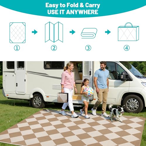 HEBE Checkered Outdoor Rug Waterproof 8x10, Reversible Plastic Straw Rug RV Camping Rug, Indoor Outdoor Patio Mat Clearance, Outside Carpet for Porch,Deck,Camper,Balcony,Backyard,Picnic - color: Beige/Brown, size: 8' x 10' (Rectangular)