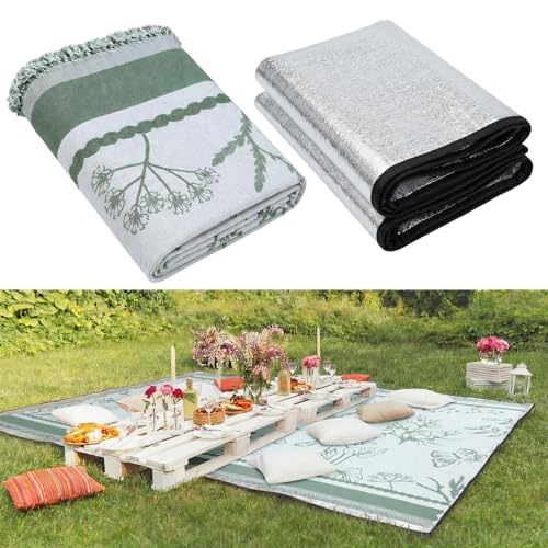 Hahafelt 91x 71 in Extra Large Outdoor Picnic Blanket with Waterproof Mat Oversize Beach Woven Cotton Yarn Blanket with Fringe Machine Sandproof for Spring Summer Camping Beach Park(Plants,Green) - color: Green