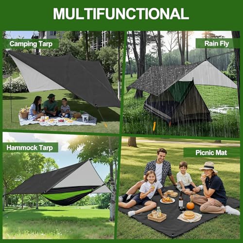 Rhino Valley Waterproof Tent Tarp, 9.8 × 9.8 Ft Large Outdoor Shelter Cover with Light Strings, Lightweight Portable Tarp Shelter Rain Tarp Camping Canopy for Hiking Traveling Backpacking - color: Black