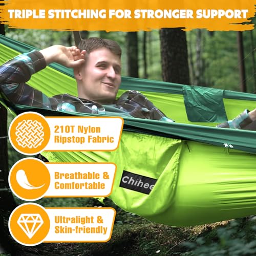 Chihee Ultra-Light Travel Camping Hammock Pop-up Net Hammock 660lbs Load Capacity,Breathable,Quick-Drying Parachute Nylon 2 Premium Carabiners,2 Tree Slings Included for Outdoor Backpacking Hiking - color: Light Green/Dark Green