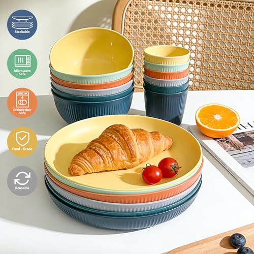 SHECIPIN 42Pcs Wheat Straw Dinnerware Sets, Unbreakable Plates and Bowls Sets, Eco Friendly Non Breakable Dinnerware, Dishwasher Microwave Safe Dinnerware - color: Colorful