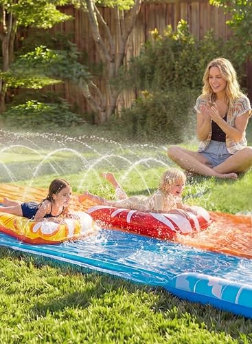 JOYIN 22.5ft Water Slides and 2 Bodyboards, Lawn Water Slide Summer Slip Waterslides Water Toy with Build in Sprinkler for Backyard Outdoor Water Fun for Kids - color: Blue, Orange, size: 22.5ft