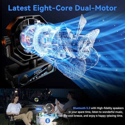 Portable fan rechargeable with 5.3 Bluetooth Speaker, 25000mAh Camping Fan with 5 Speed Touch Control & 3-Mode LED Light, Remote, USB/Type-C Ports, 1-8H Timer for Party, Travel, BBQ, Indoor, Outages - color: Orange
