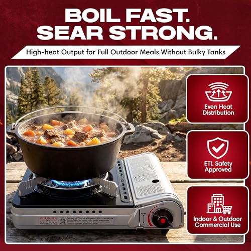 12,000 BTU Portable Butane Camping Stove with 4 x 8oz. Butane Fuel Canister Combo, Double Wind-Guard Portable Stove w/Carry Case for Road Trips, Camping, Tailgating & Emergencies by Chef Master 90235