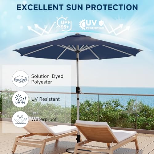 10FT Aluminum Outdoor Patio Umbrella, Fade-Resistant Market Umbrella with Push Button Tilt Function, 8 Sturdy All-Aluminum Ribs for Gardens, Patios, Backyards & Pools - color: Navy Blue, size: 10FT-1Tier (Aluminum Umbrella)