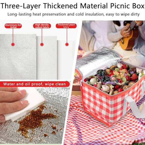 Huakaile Insulated Picnic Baskets 13.8*7.9*7.9 In with Picnic Blanket 70.9*70.9 In, Portable Waterproof Insulated Bags, Cooler Bags Beach Bags for Hot or Cold Outdoor Activity Beach Camping (Red)