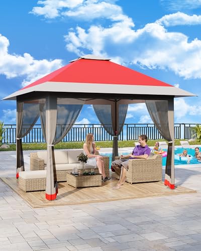 13X13 Pop Up Gazebo,Outdoor Canopy Tent with Mosquito Netting, Double Vented Roof Sun Shelter with Adjustable Heights,Outdoor Gazebo for Backyard & Patio Furniture.（Red+light gray-four sides Gazebos）. - color: Red+light gray