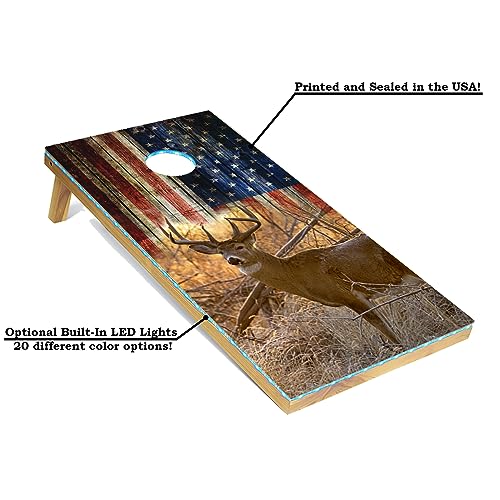 Tailgating Pros Cornhole Board Set w/Bean Bags and Carrying Case - 4'x2' Corn Hole Toss - Tournament and Lightweight Options - Optional LED Lights - color: Deer/American Flag, size: 4'x2' Boards w/ LED Ring Lights