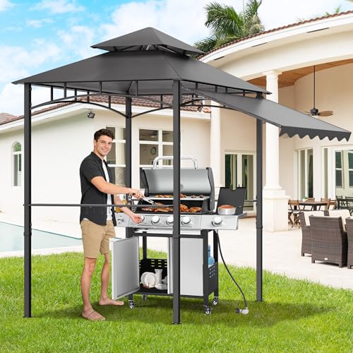 TITIMO 8'x 8' x 7.8' Double Tiered Grill Gazebo with Side Awning,Outdoor Patio BBQ Pergola, Heavy-Duty Metal Frame Canopy Tent with Side Shelves,Hooks,Bottle Opener for Lawn Deck and Garden (Gray) - color: Gray