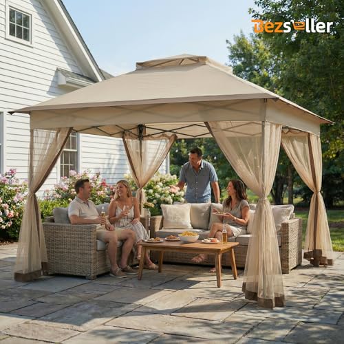 Bezseller 11x11 Pop Up Gazebo with Mosquito Netting – Easy 1-Person Setup, Water-Resistant Backyard Canopy for Family Patio & Garden Use,Khaki - color: Khaki, size: 11"x11"